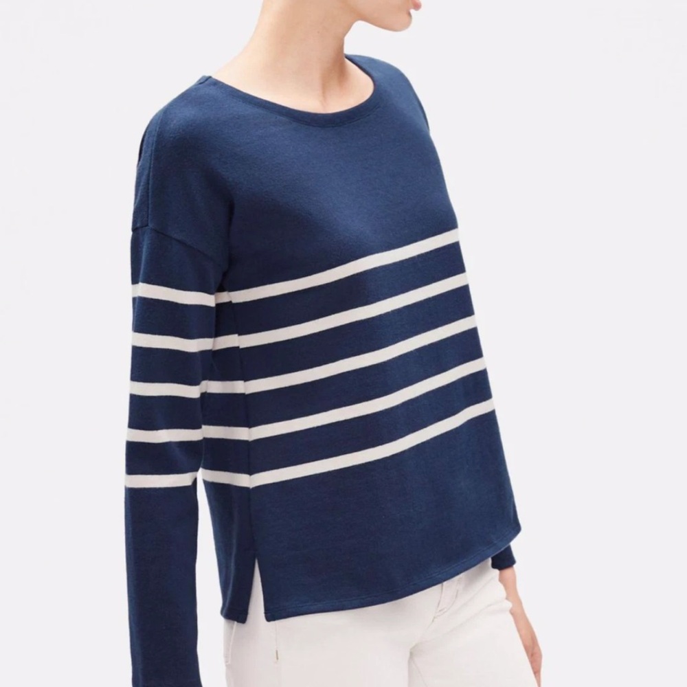 Eileen Fisher Navy and White Striped Long Sleeve Organic Cotton Sweater